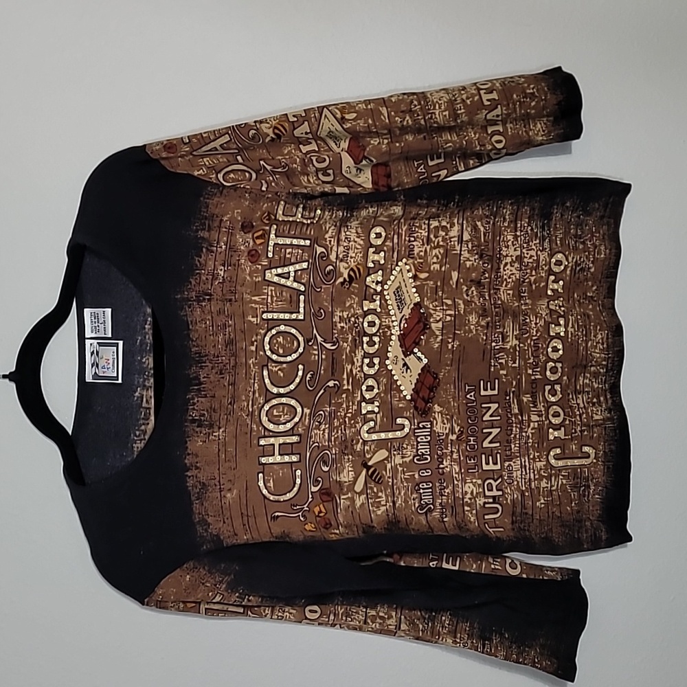 Vintage Take Two Chocolate Print Shirt Top Size M Brown 3/4 Sleeve Art Novelty